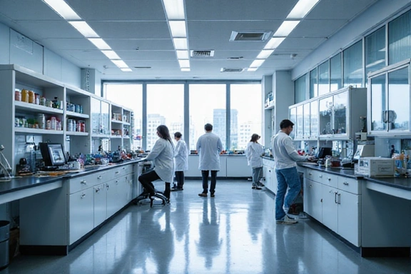 Un laboratorio moderno con attrezzature scientifiche all'avanguardia e ricercatori al lavoro